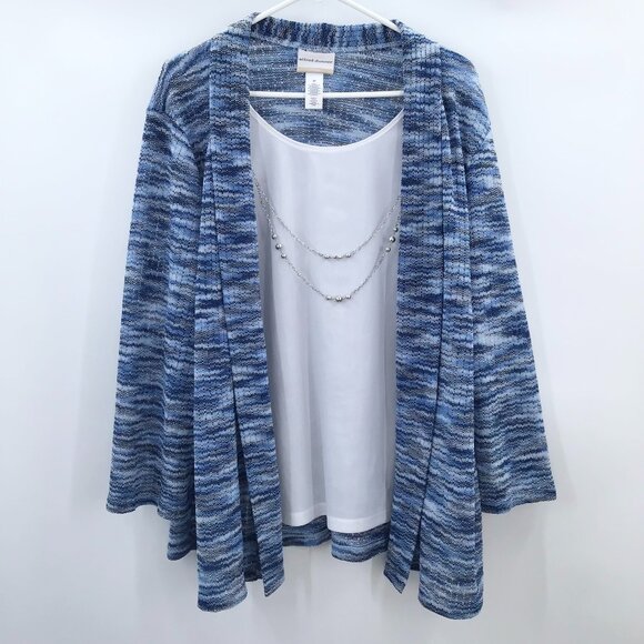 Women's 2X Mock Twinset Top Marled Blue White + Faux Silver Necklace Lagenlook - Picture 1 of 10